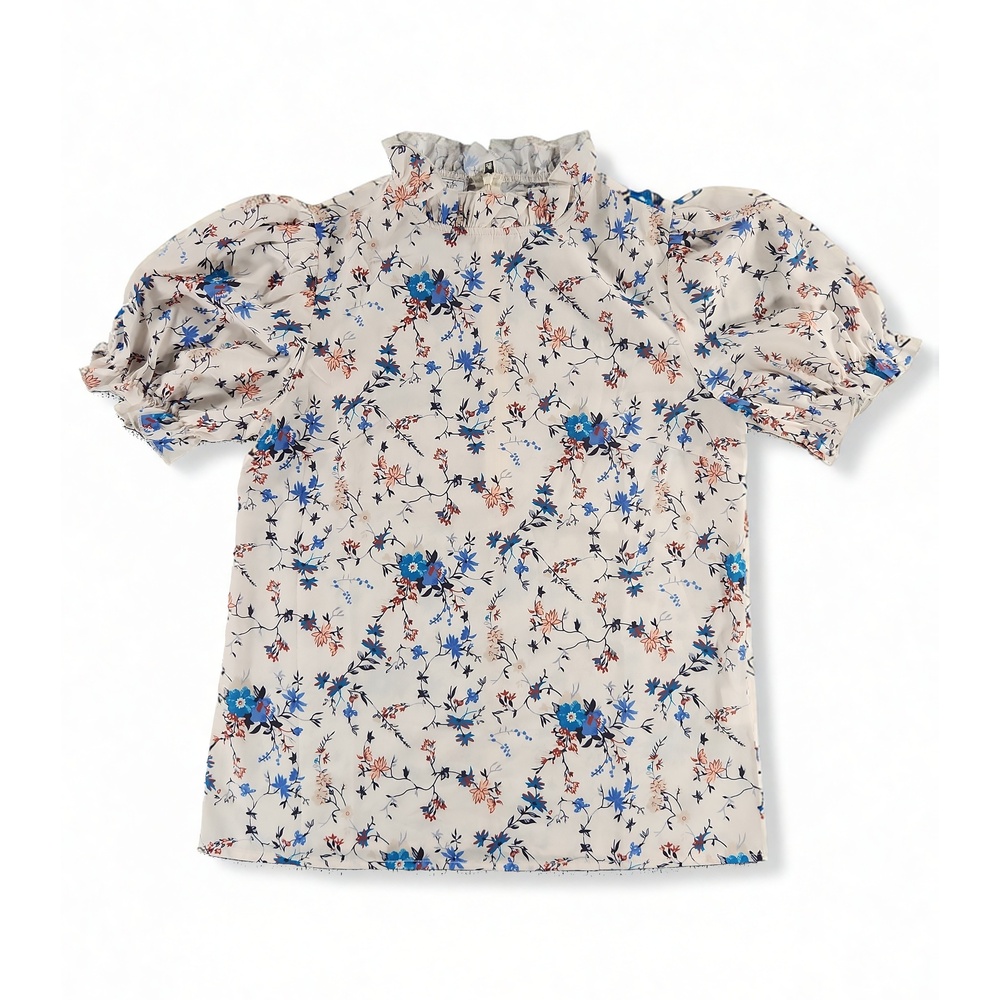 A Dip of Darling Floral Blouse XS Puff Sleeve Ruffle Neck Polyester Cottagecore